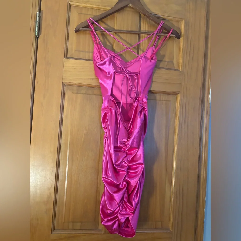 Windsor Hot Pink Satin Cowl Neck Mini Dress - Picture 2 of 3